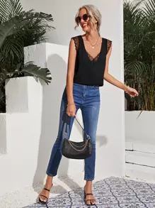 SHEIN Top tank ribete con encaje - Negro - Ver 5