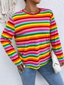 Calvaya Plus Rainbow Striped Tee Graphic Tees Women Tops Fall Cloth For Women