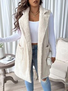 SHEIN LUNE Plus Lapel Neck Dual Pocket Teddy Vest Coat - Beige - View 7