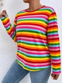 Calvaya Plus Rainbow Striped Tee Graphic Tees Women Tops Fall Cloth For Women