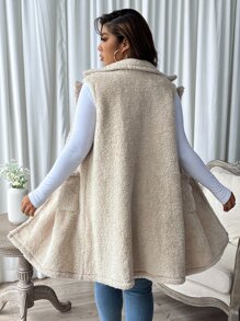 SHEIN LUNE Plus Lapel Neck Dual Pocket Teddy Vest Coat - Beige - View 2