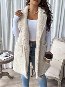 SHEIN LUNE Plus Lapel Neck Dual Pocket Teddy Vest Coat - Beige - View 3