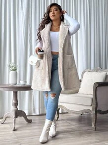 SHEIN LUNE Plus Lapel Neck Dual Pocket Teddy Vest Coat - Beige - View 5