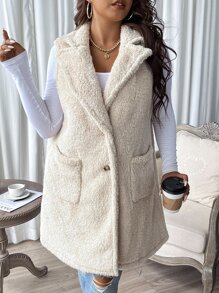 SHEIN LUNE Plus Lapel Neck Dual Pocket Teddy Vest Coat - Beige - View 6