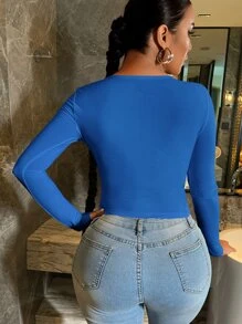 SHEIN Essnce Scoop Neck Crop Tee - Blue - View 2