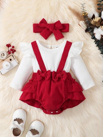 Souflis Souflis Baby Colourblock Bow Front Ruffle Trim Bodysuit With Headband