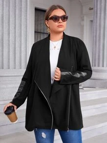 SHEIN Privé Plus Waterfall Collar Zip Detail Coat - Black - View 1