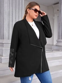 SHEIN Privé Plus Waterfall Collar Zip Detail Coat - Black - View 4
