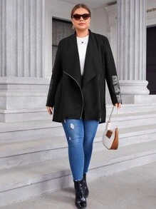 SHEIN Privé Plus Waterfall Collar Zip Detail Coat - Black - View 5