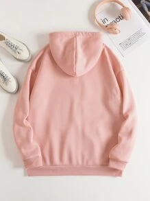 INAWLY Hoodie Đồ họa hoa và khẩu hiệu Dây kéo Lót nhiệt Dây rút - Màu Hồng baby - Xem 2