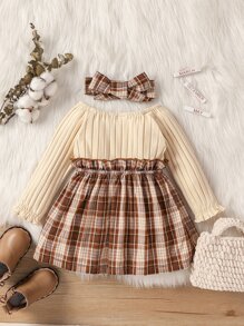 SHEIN 嬰兒格紋印花前蝴蝶結荷葉袖連衣裙和頭巾 - 彩色 - 查看 2