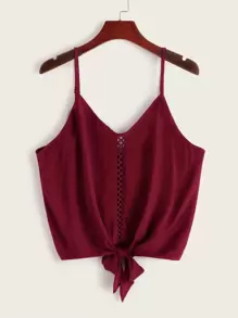 SHEIN VCAY Lace Insert Knotted Cami Top - Burgundy - View 1