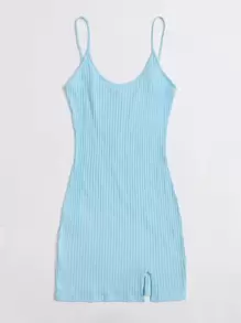 SHEIN Qutie 開衩下擺羅紋針織包臀連衣裙 - 淺藍色 - 查看 5