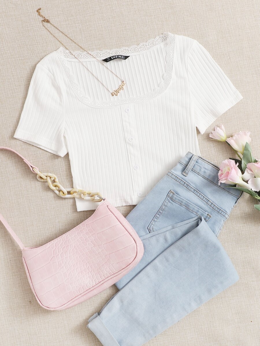 SHEIN Qutie 蕾絲邊紐扣衣 - 白色 - 查看 1