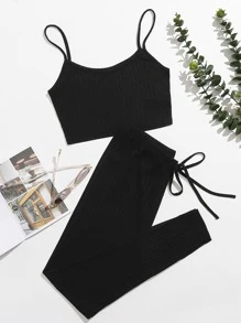 SHEIN EZwear Rib-knit Crop Cami Top & Knot Waist Leggings Set - Black - View 1