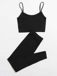 SHEIN EZwear Rib-knit Crop Cami Top & Knot Waist Leggings Set - Black - View 2