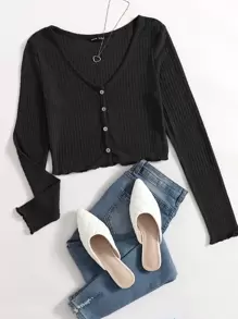 SHEIN Qutie Button Front Lettuce Trim Waffle Knit Top - Black - View 1