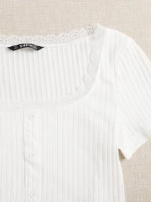 SHEIN Qutie 蕾絲邊紐扣衣 - 白色 - 查看 4