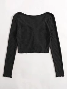 SHEIN Qutie Button Front Lettuce Trim Waffle Knit Top - Black - View 2