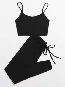 SHEIN EZwear Rib-knit Crop Cami Top & Knot Waist Leggings Set - Black - View 5