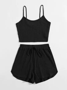 SHEIN EZwear Waffle Knit Crop Cami Top & Knot Waist Shorts Set - Black - View 3