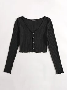SHEIN Qutie Button Front Lettuce Trim Waffle Knit Top - Black - View 4