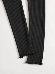 SHEIN Qutie Button Front Lettuce Trim Waffle Knit Top - Black - View 5