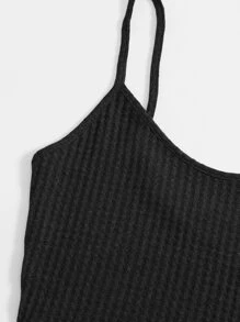 SHEIN EZwear Waffle Knit Crop Cami Top & Knot Waist Shorts Set - Black - View 5