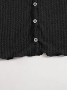 SHEIN Qutie Button Front Lettuce Trim Waffle Knit Top - Black - View 6