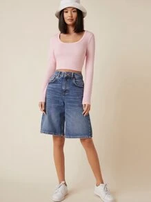 SHEIN BASICS Playera Corta Sólida Con Cuello De Cuchara - Rosa Pálido - Ver 5