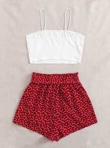 Soleia Crop Cami Top & Paperbag Waist Belted Allover Heart Shorts Set - Red and White - View 2