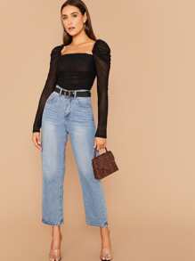 BizChic Top de malla fruncido ribete fruncido