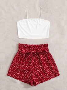 Soleia Crop Cami Top & Paperbag Waist Belted Allover Heart Shorts Set - Red and White - View 5