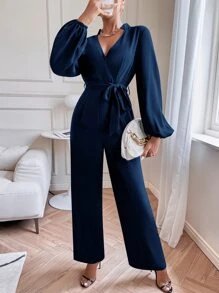 SHEIN Privé Lantern Sleeve Belted Jumpsuit - Navy Blue - View 1