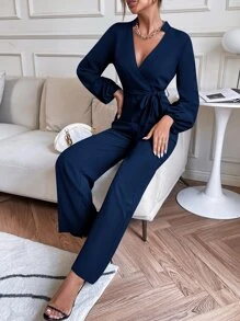 SHEIN Privé Lantern Sleeve Belted Jumpsuit - Navy Blue - View 5