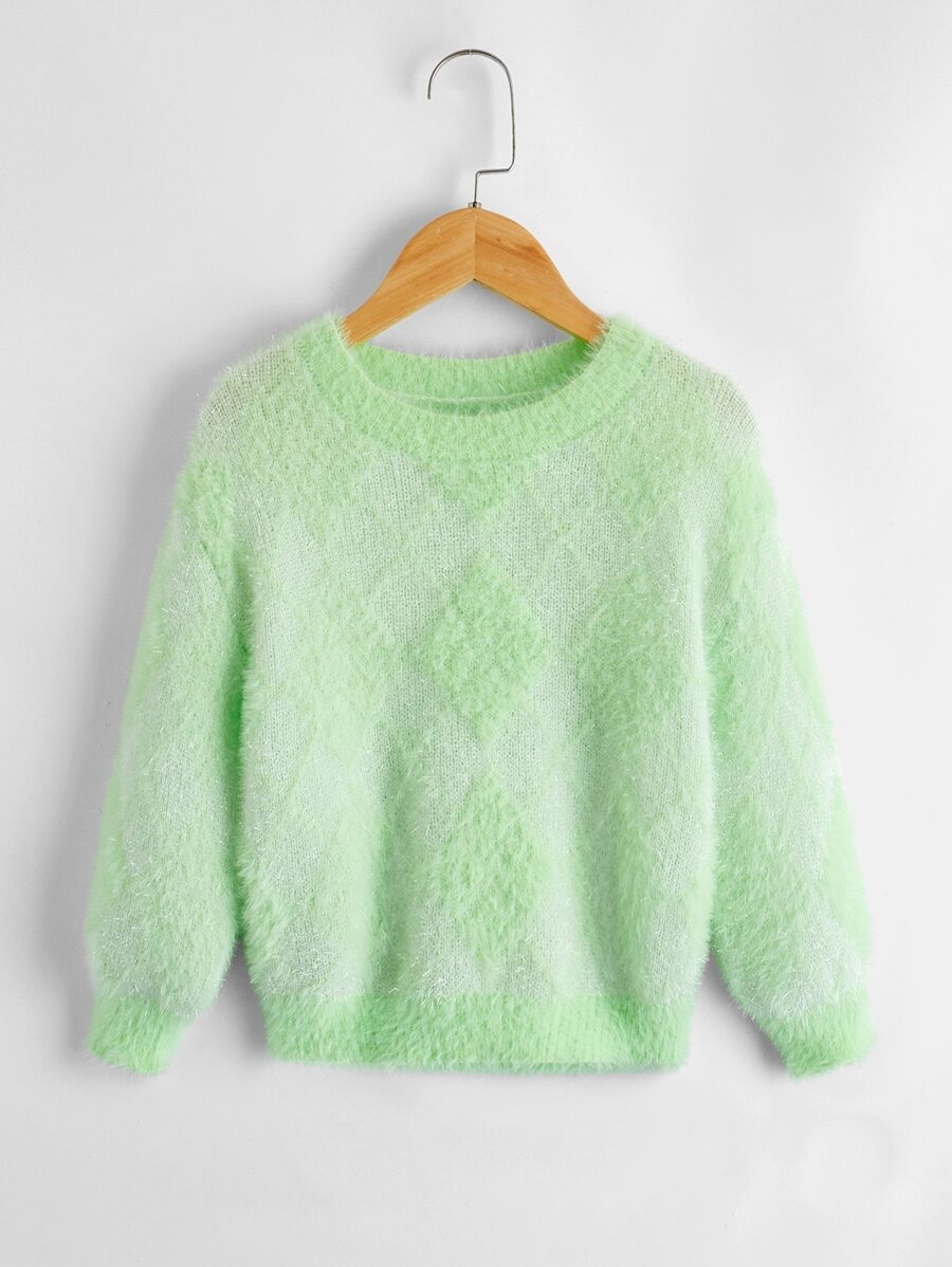 SHEIN Toddler Girls Argyle Pattern Drop Shoulder Fluffy Knit Jumper - Lime Green - View 1
