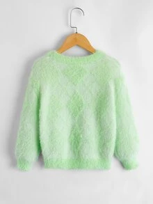SHEIN Toddler Girls Argyle Pattern Drop Shoulder Fluffy Knit Jumper - Lime Green - View 2