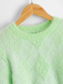 SHEIN Toddler Girls Argyle Pattern Drop Shoulder Fluffy Knit Jumper - Lime Green - View 3