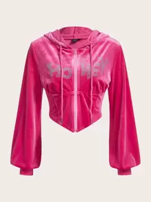 SHEIN ICON Letter Rhinestone Zip Up Velvet Hoodie In Fall/Winter - Hot Pink - View 1