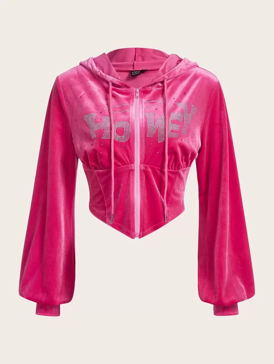 SHEIN ICON Letter Rhinestone Zip Up Velvet Hoodie In Fall/Winter - Hot Pink - View 1