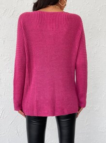 EURMUSE Ribbed Knit Batwing Sleeve Jumper - Hot Pink - View 2
