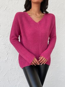 EURMUSE Ribbed Knit Batwing Sleeve Jumper - Hot Pink - View 6