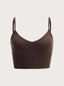 SHEIN EZwear Solid Rib-knit Cami Top - Chocolate Brown - View 1
