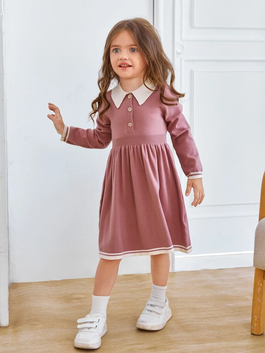 SHEIN Toddler Girls Contrast Trim Button Detail Jumper Dress - Dusty Pink - View 1