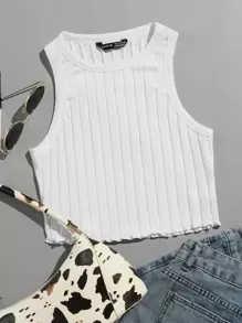 Muchica Lettuce Trim Rib-knit Tank Top - White - View 1