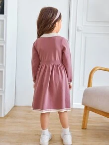 SHEIN Toddler Girls Contrast Trim Button Detail Jumper Dress - Dusty Pink - View 2