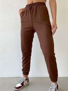 Cottnline Slant Pocket Drawstring Waist Joggers - Brown - View 2
