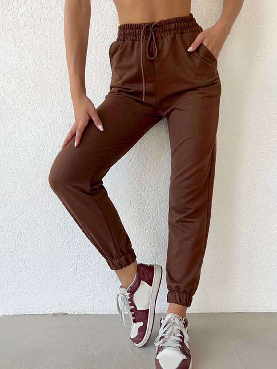 Cottnline Slant Pocket Drawstring Waist Joggers - Brown - View 1