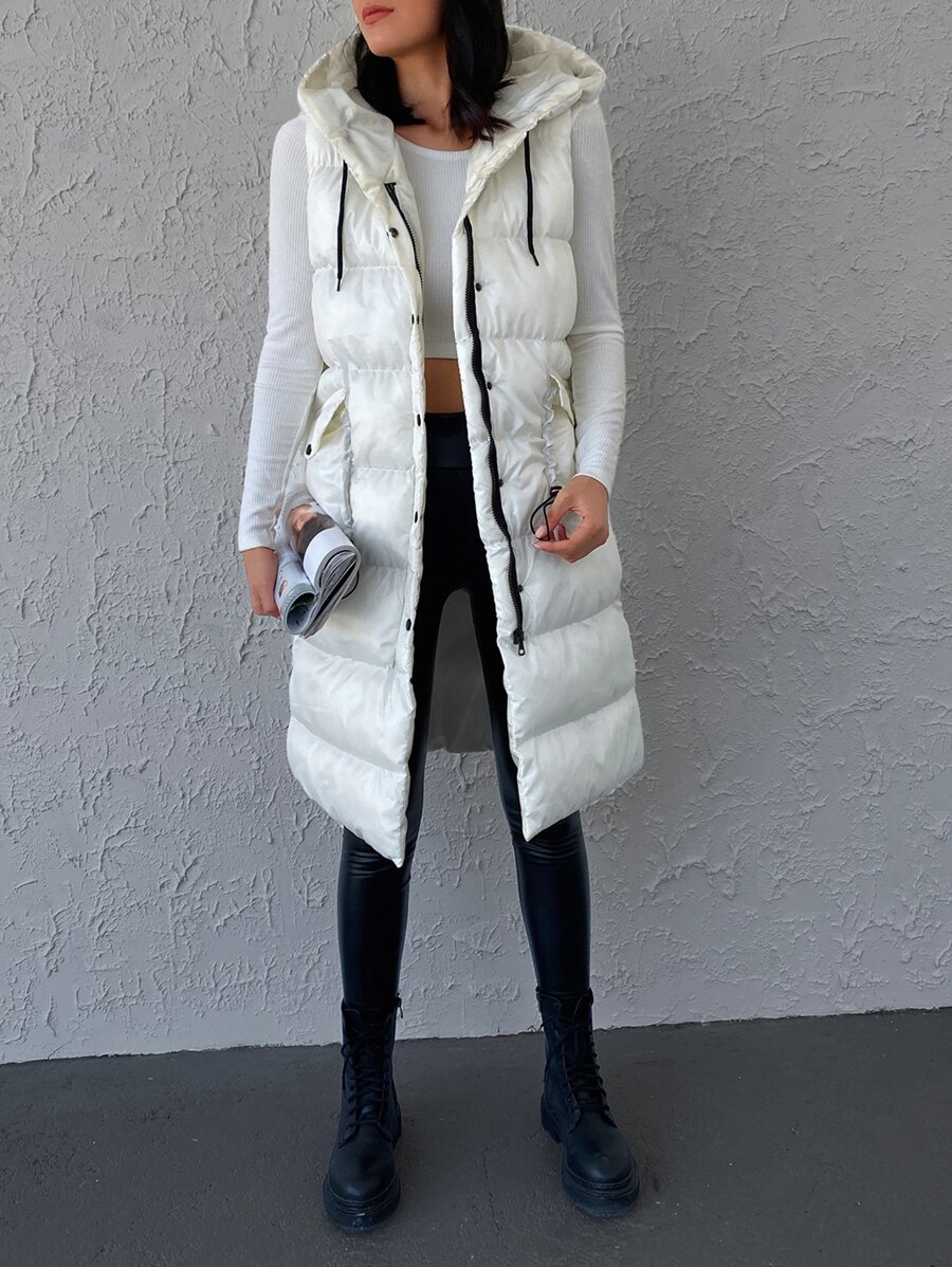 EURMUSE Drawstring Flap Pockets Hooded Vest Puffer Coat - White - View 1