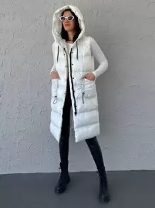 EURMUSE Drawstring Flap Pockets Hooded Vest Puffer Coat - White - View 3